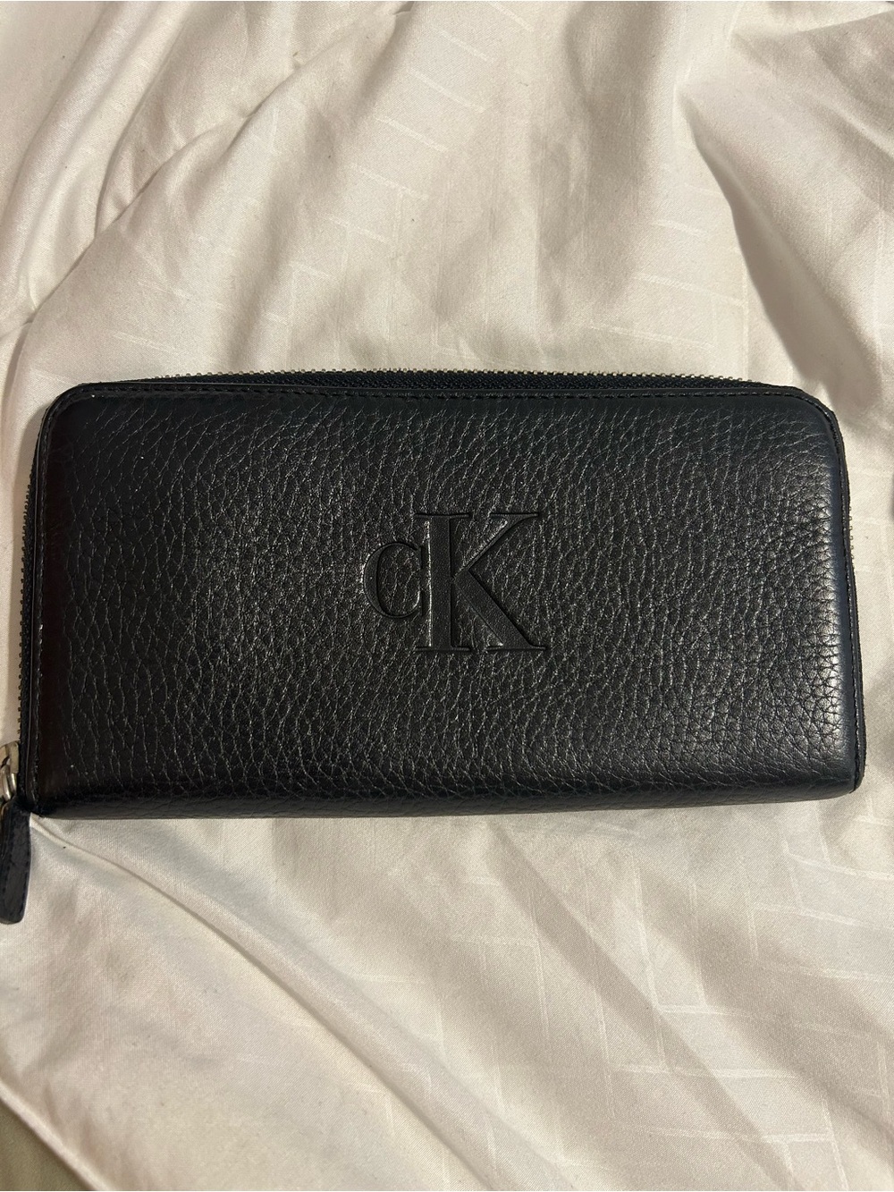 Calvin Klein Black Pebbled Leather Zip Wallet with Embossed cK Logo